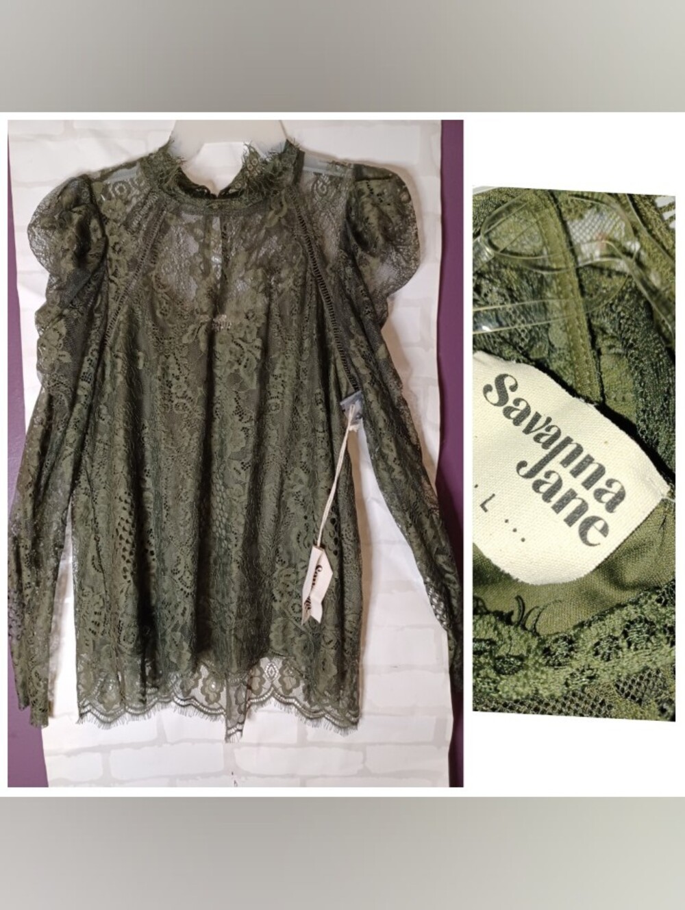 New NWT Savanna Jane Olive Green Lace Long Sleeve Blouse Top